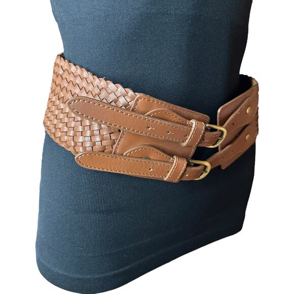 Hazel Statement Belt Braided Double Buckle Brown Leather Womens Size S